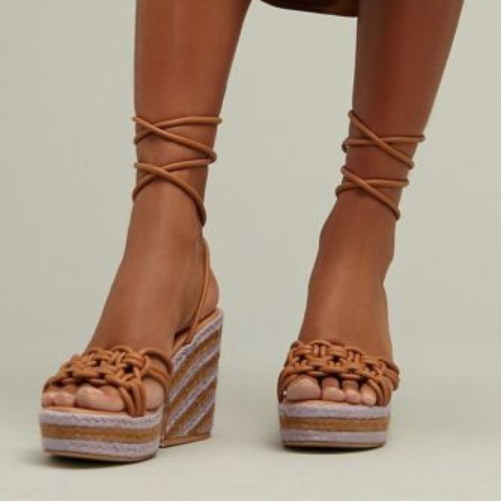 Anthropologie Chunky Platform Raffia‎ Woven Leather Ankle Lace Purple Mix S8 NIB